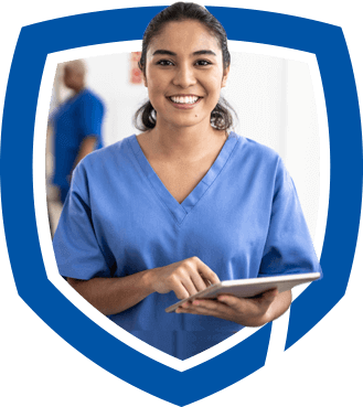 smiling nurse holding computer tablet