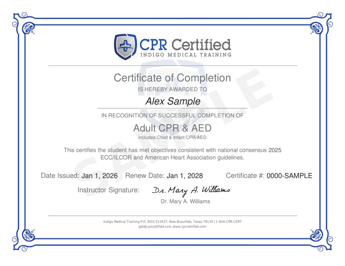Sample CPR Certified certificate of completion for Adult CPR & AED, showing the student name, course, issue and renewal dates, and certificate number