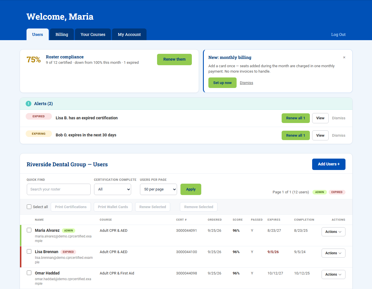 The CPR Certified group admin dashboard: a company's roster with each person's certification status, the roster compliance score, expiry alerts, and the Add Users button