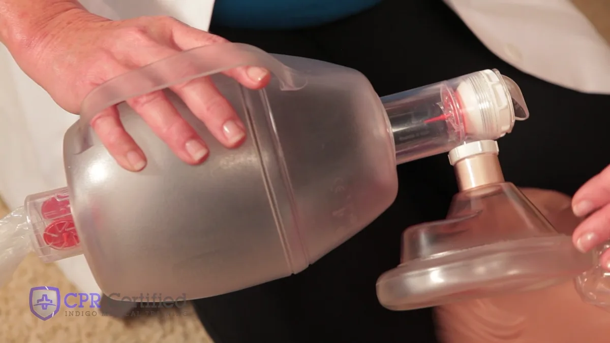 An ambu bag held in two hands, showing the soft bag at one end and the clear mask at the other.