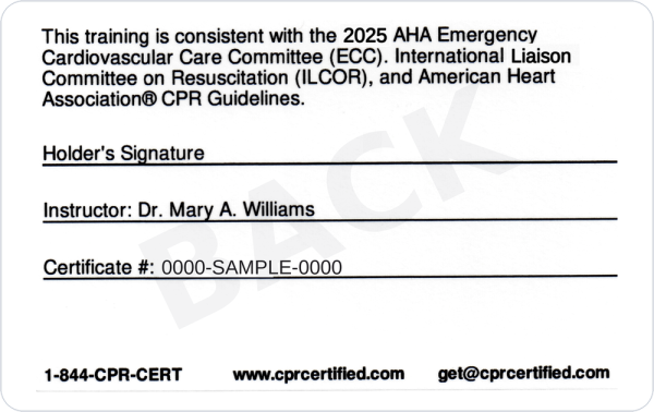 CPR Certified wallet card, back — AHA, ECC and ILCOR guidelines statement, instructor signature line, and certificate number