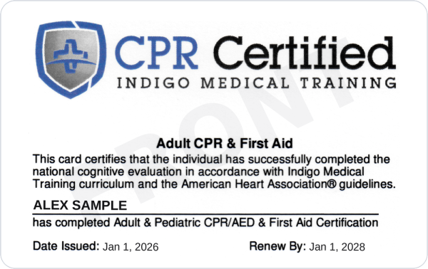 Sample CPR Certified wallet card, front, showing the course completed and the issue and renewal dates